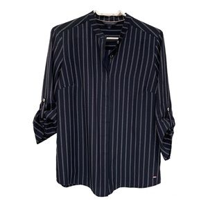 Tommy Hilfiger Buttoned Striped Blouse Top 3/4 Sleeve, Navy Blue White Medium